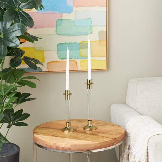 Gold Stainless Steel Candle Holder with Clear Glass Center Set
